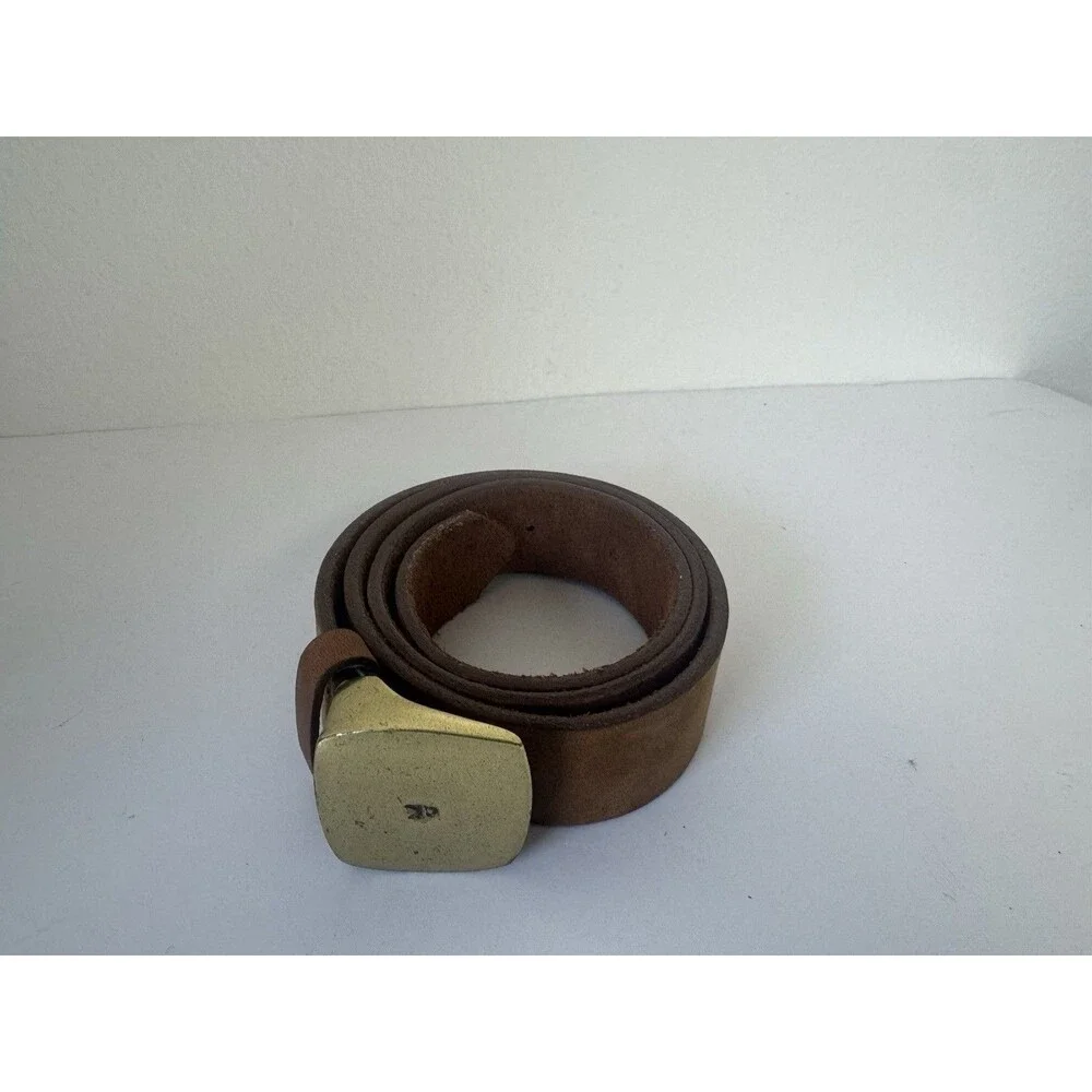 Vintage Brown Genuine Leather Belt Brass Buckle - Unisex Size Medium